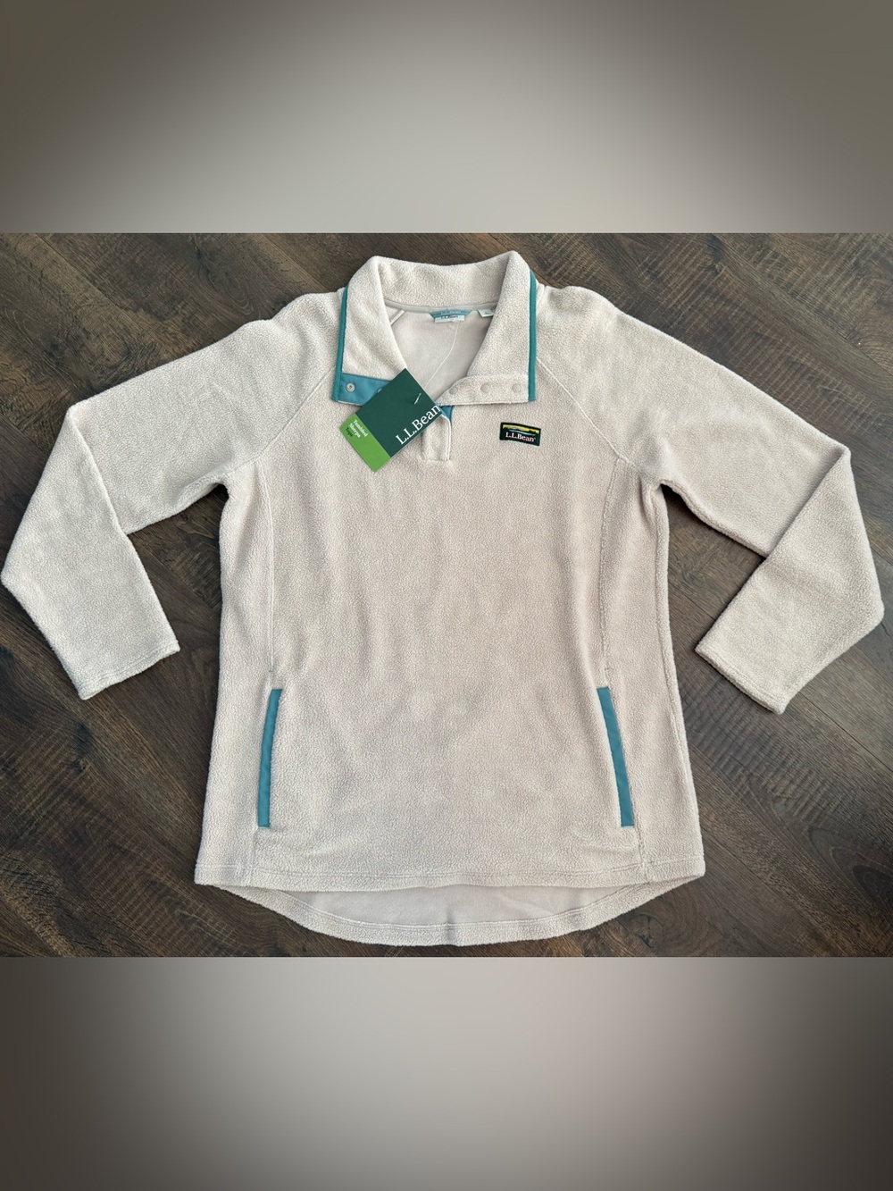 L.L.Bean Cream Sherpa Snap Pullover with Teal Trim